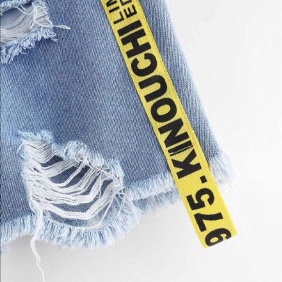 Distressed Denim Shorts with Yellow - Picture 3 of 5